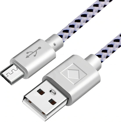 Woven nylon cloth data cable in multiple colours showing Android micro and USB-C connector options