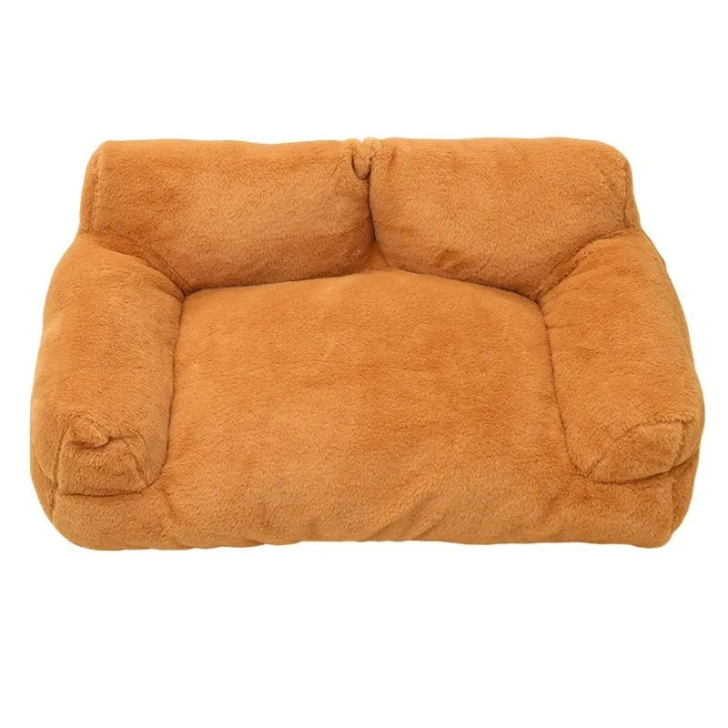Large rabbit plush pet sofa bed in golden brown for dogs, 75x50x26cm