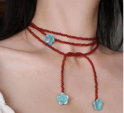 Red agate beaded necklace with acrylic geometric pendant and regular chain