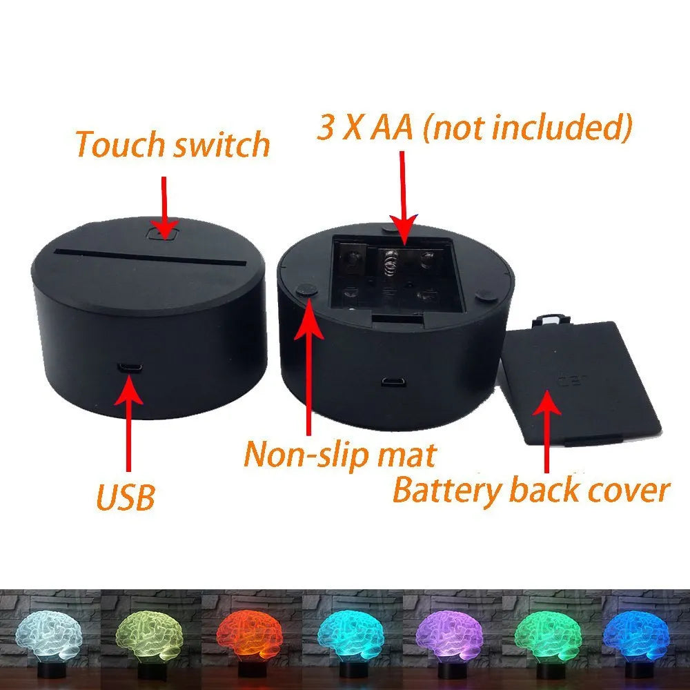 Acrylic 3D desk lamp with LED colour-changing lights and remote control on black ABS base