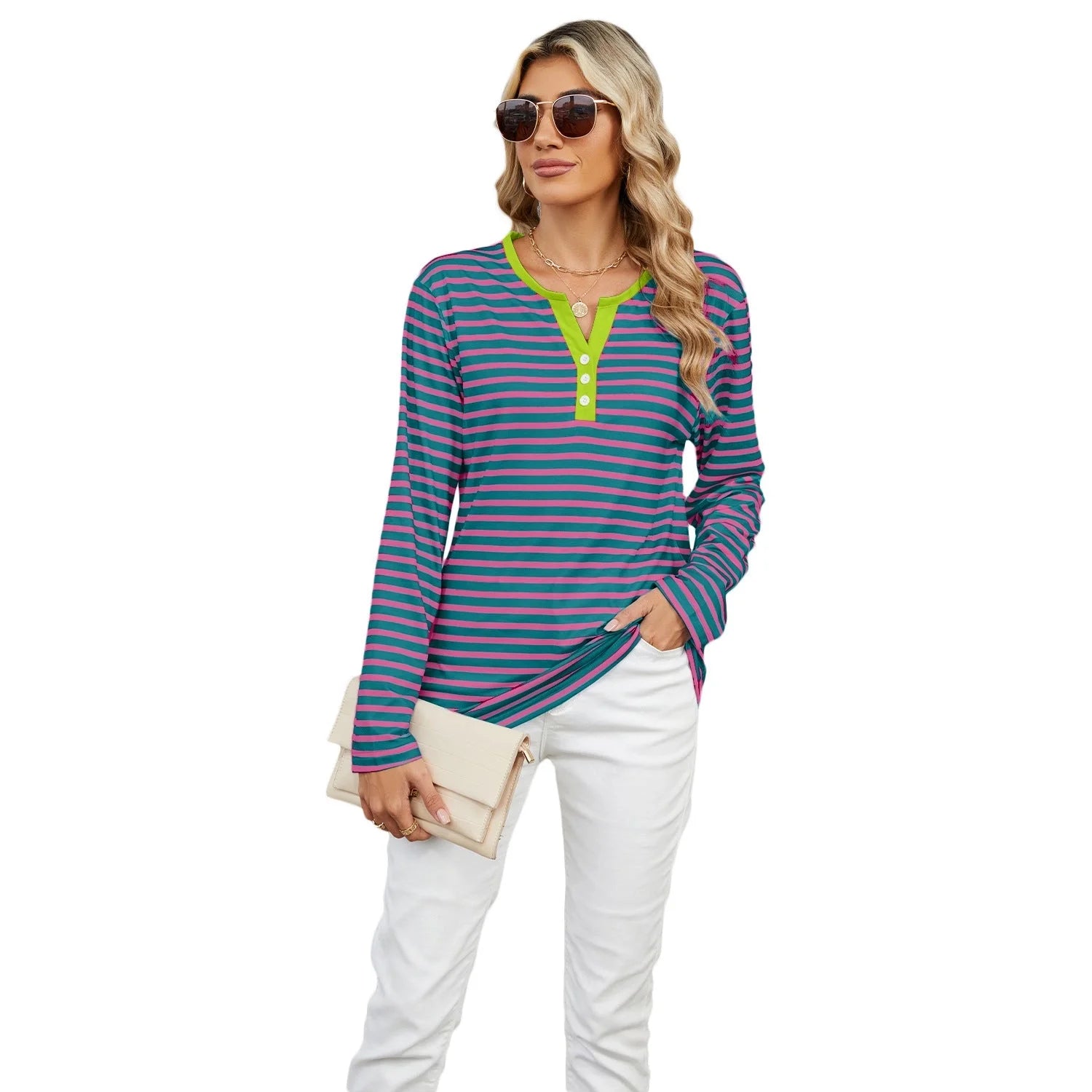 Women's V-neck striped loose long-sleeved t-shirt in various colours