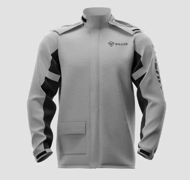 Adult motorcycle waterproof rain suit set including coat, pants, shoe covers and storage bag.
