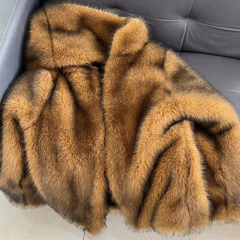 Silver grey women's artificial fur coat with loose fit and mid-length 65cm measurement
