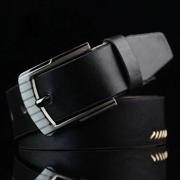 Men's retro pattern imitation leather belt with alloy pin buckle in black, brown, or white colours