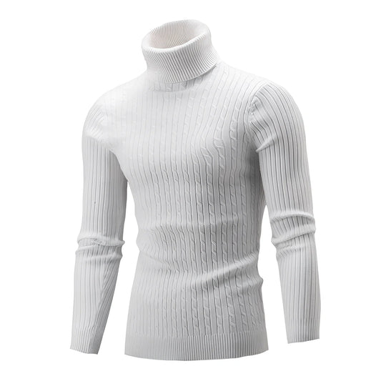 Slim-fit men's knitted turtleneck sweater in navy blue, high collar, long sleeves 58 cm, bust 104 cm for XL size