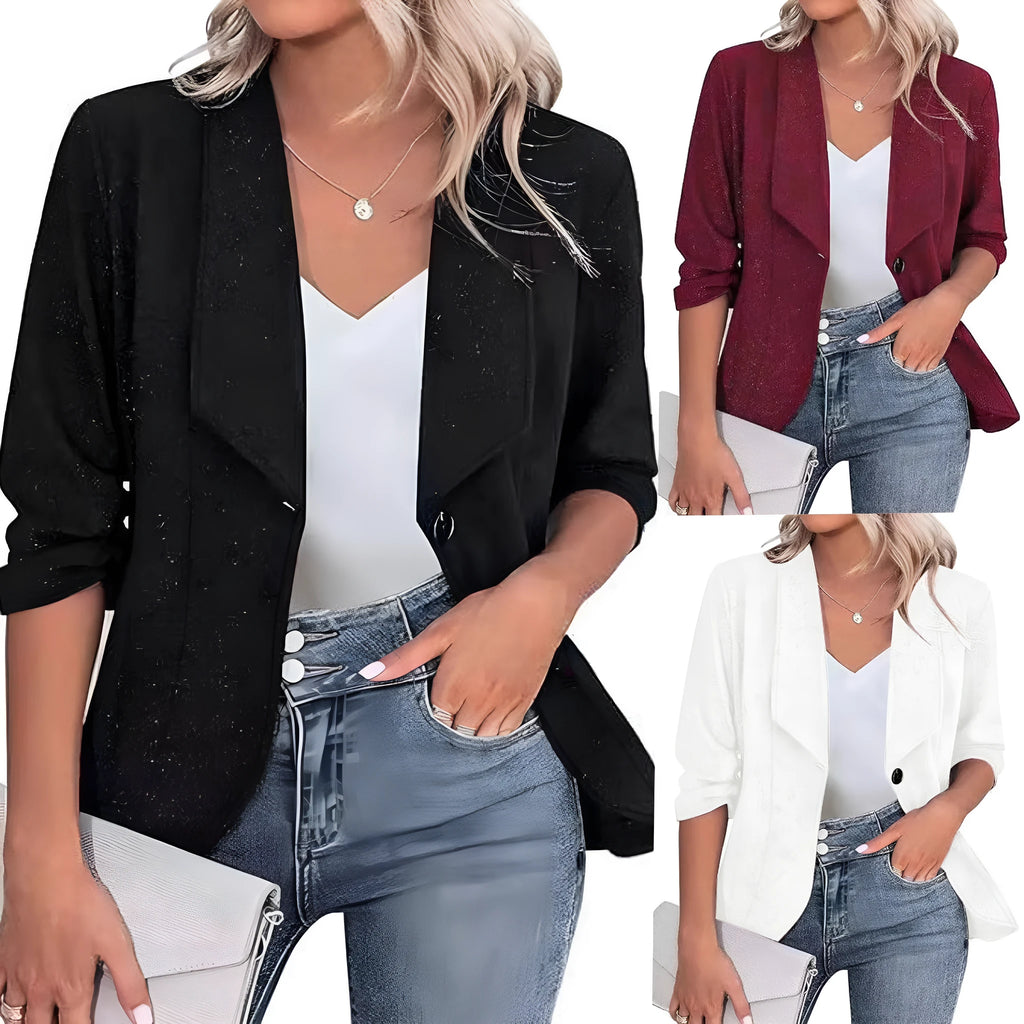 Close-fitting slim fit polyester cardigan suit jacket in black, shown as a smart casual layer.