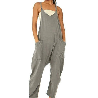 Sleeveless jumpsuit for women in various colors, featuring zippered closure and pockets