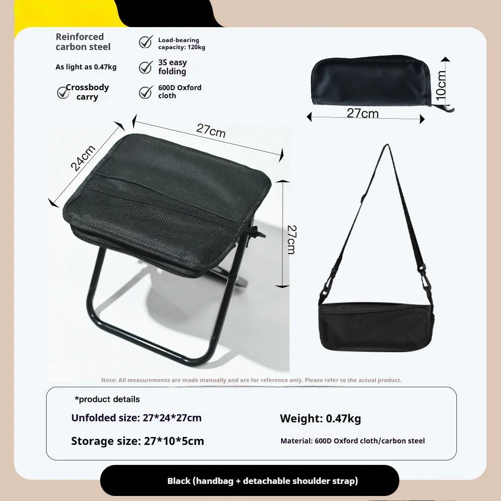 Lightweight foldable camp chair stool in oxford cloth shown in khaki colour, folded compactly.