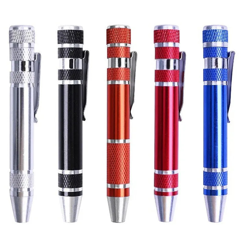 Aluminium alloy pen-style 8-in-1 screwdriver set with multiple bits and 107mm shaft.