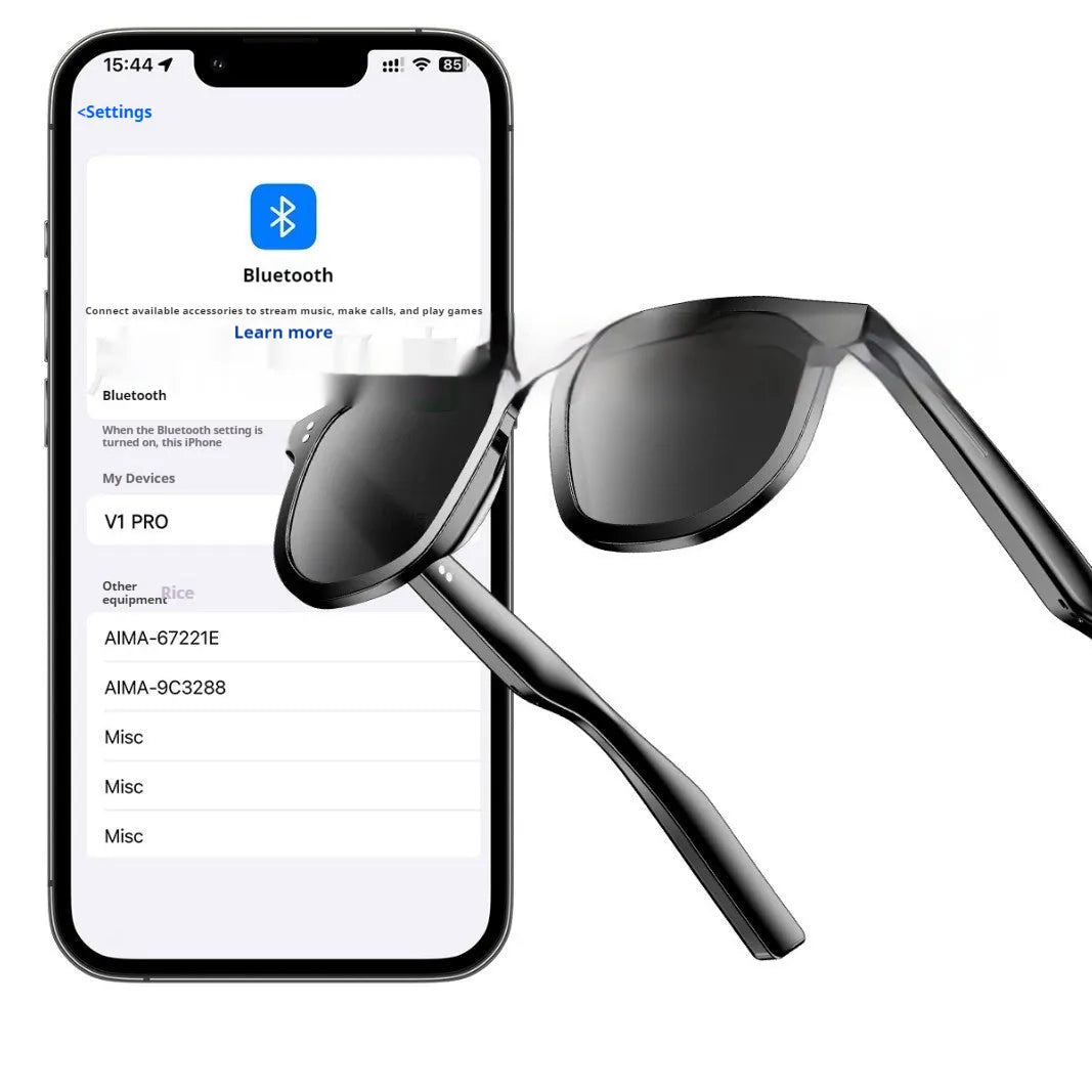 Black AI smart glasses with Bluetooth audio, touch controls, and UV protection lenses.