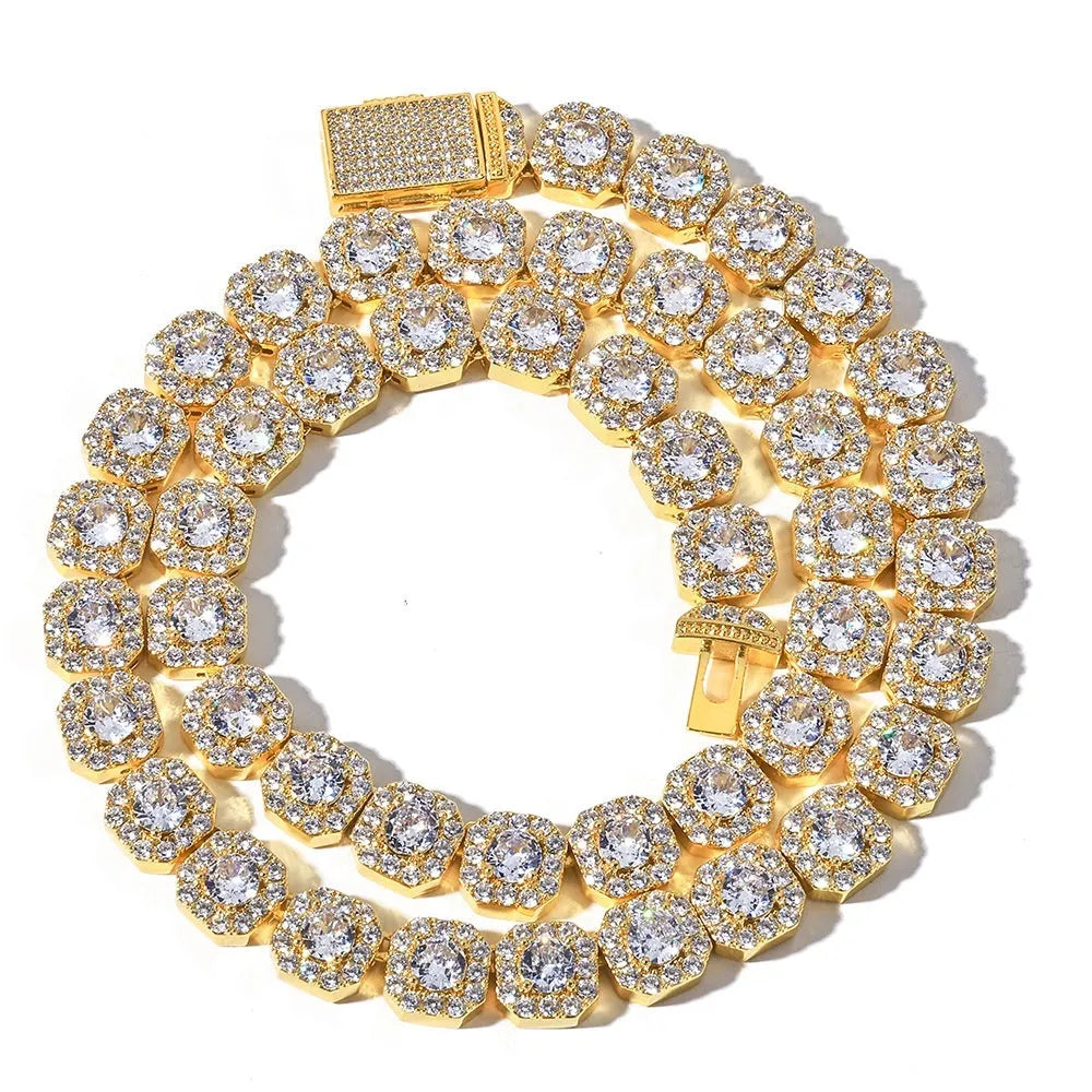 Gold full diamond men's bracelet with rock sugar chain on copper base, 10mm width