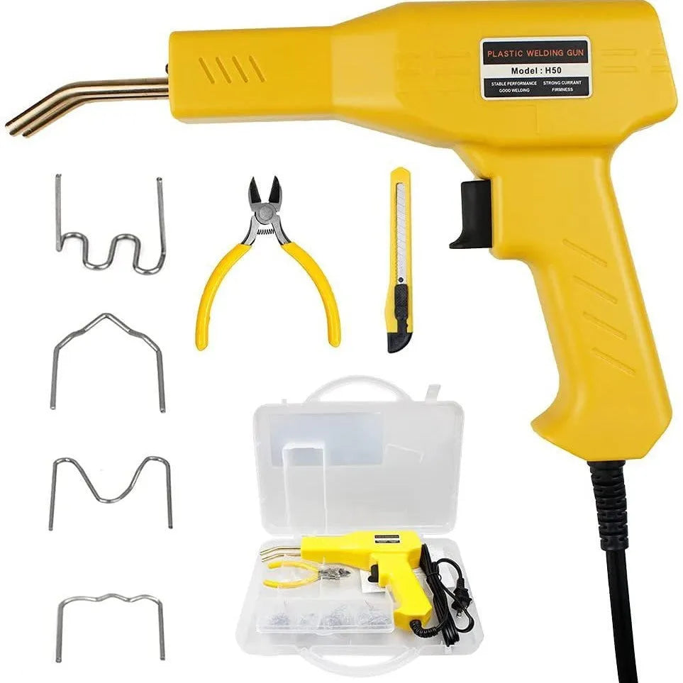 Red plastic welding gun for car bumper repair with pure copper transformer, nails, and pliers knife in black plastic box
