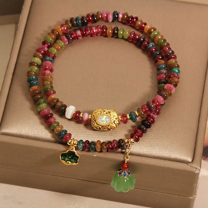 Double ring rainbow tourmaline abacus beads bracelet with lotus leaf and lotus seedpod design for women