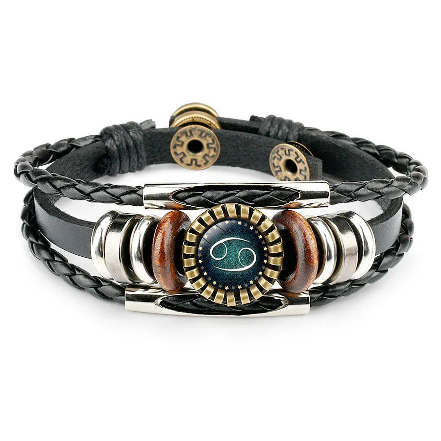 Multilayer leather bracelet with glass art depicting 12 zodiac signs, a stylish and captivating celestial accessory