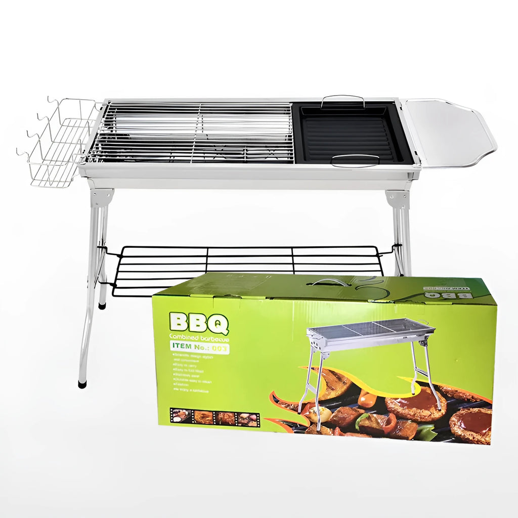 Large stainless steel turnover barbecue oven with charcoal grill and cooking accessories