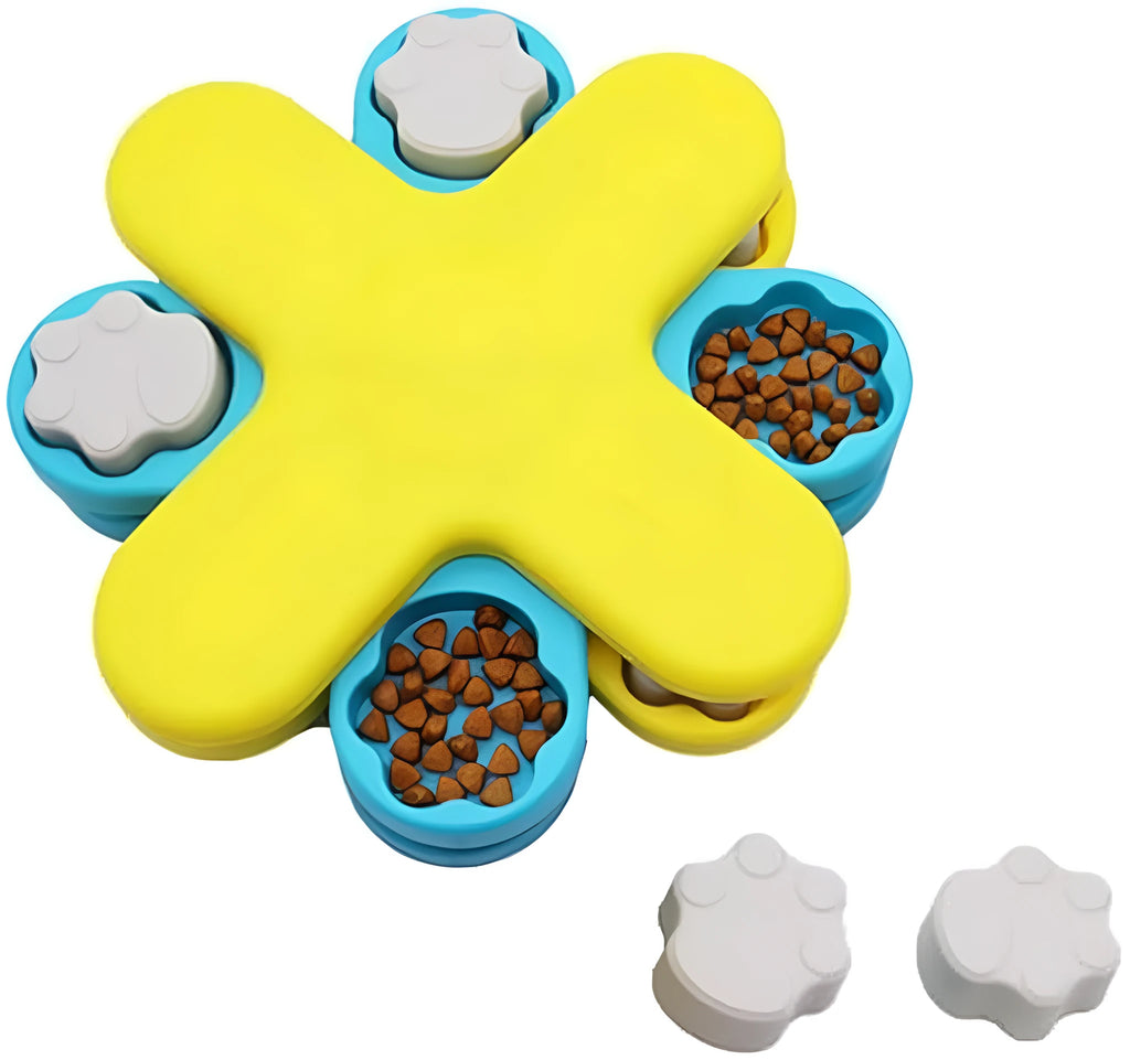 Yellow three-layer rotating dog puzzle feeder toy with claw-shaped lids on an anti-slip base.