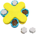 Yellow three-layer rotating dog puzzle feeder toy with claw-shaped lids on an anti-slip base.