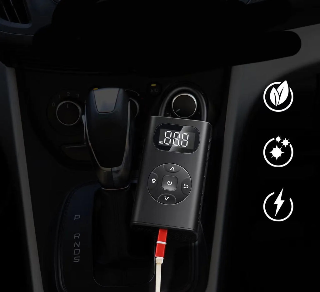 Black portable power bank and digital air compressor unit for tyre inflation, model M09X, with USB cable.