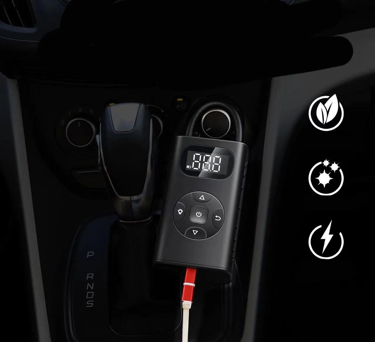 Black portable power bank and digital air compressor unit for tyre inflation, model M09X, with USB cable.