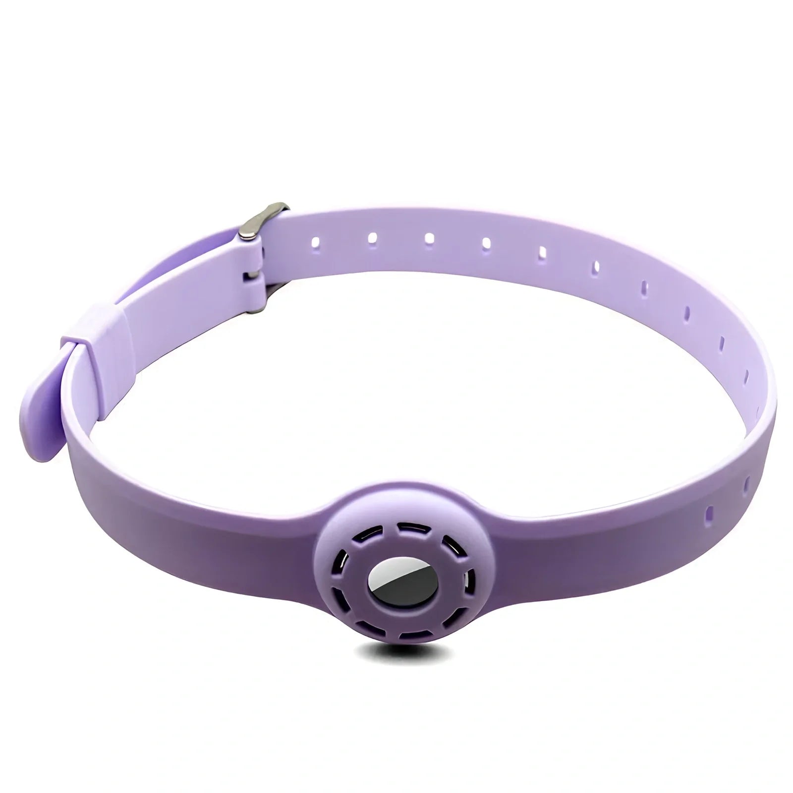 Red silicone AirTag tracker collar wrapped on pet neck, adjustable armband in solid colour for anti-lost security