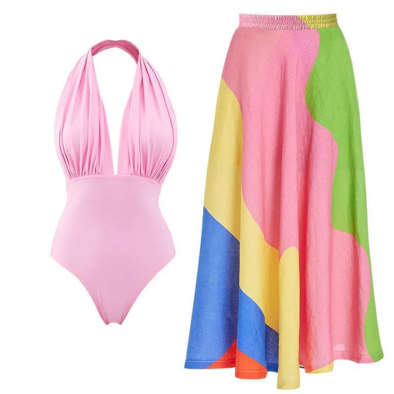 Women's deep V halter backless one-piece swimsuit in flower suit colour with skirt included
