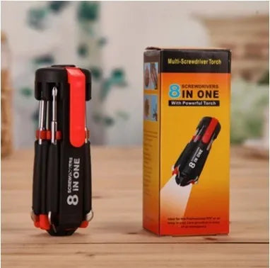 8-in-1 screwdriver with LED flashlight, stainless steel body, magnetic heads, retractable 20cm length