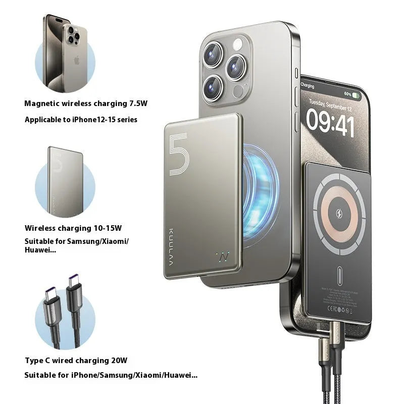 Ultra-thin magnetic wireless power bank with alloy shell in neutral titanium colour-changing finish