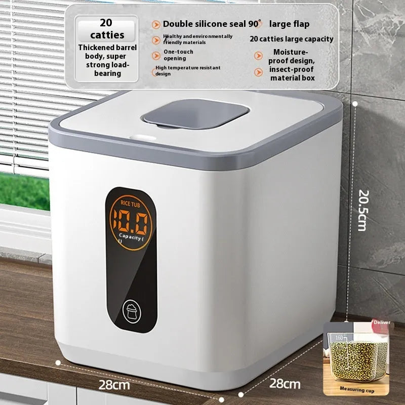 Grey plastic insect-proof sealed rice storage jar with a measuring cup, shown in a kitchen setting.