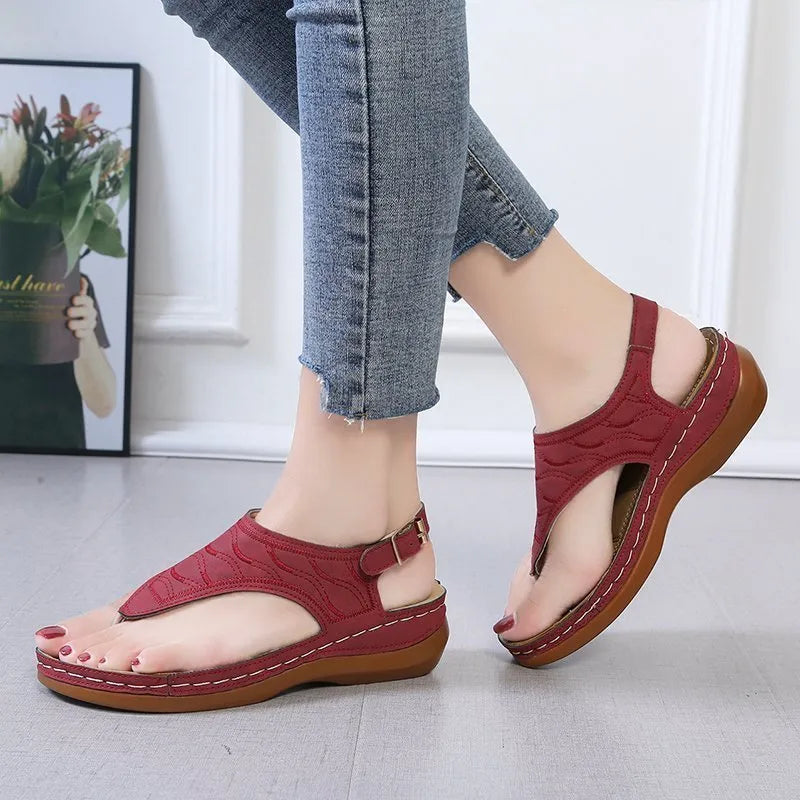 Women's casual wedge heel flip flop sandals with adjustable back strap in red, green, black, blue, and khaki