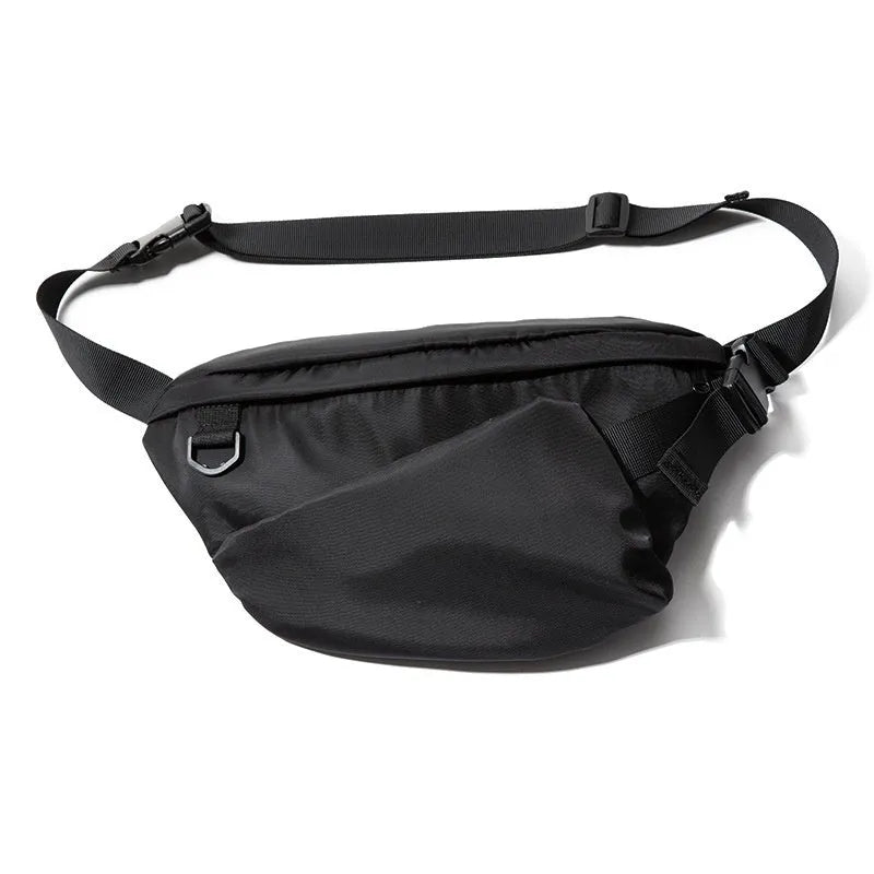 Black men's slanted chest bag with 8-inch Oxford fabric construction and sewing line detail