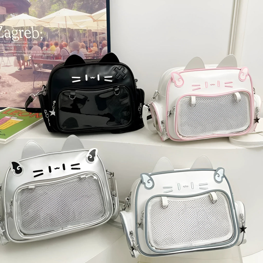 Mechanical cat backpack for women, urban simplicity style, PU material, 26x20x10cm, silver colour