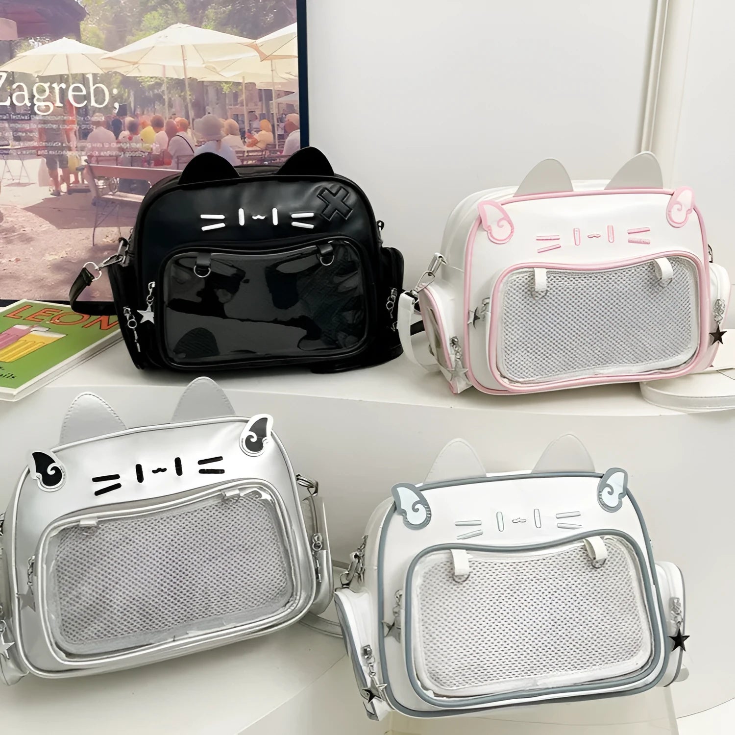 Mechanical cat backpack for women, urban simplicity style, PU material, 26x20x10cm, silver colour
