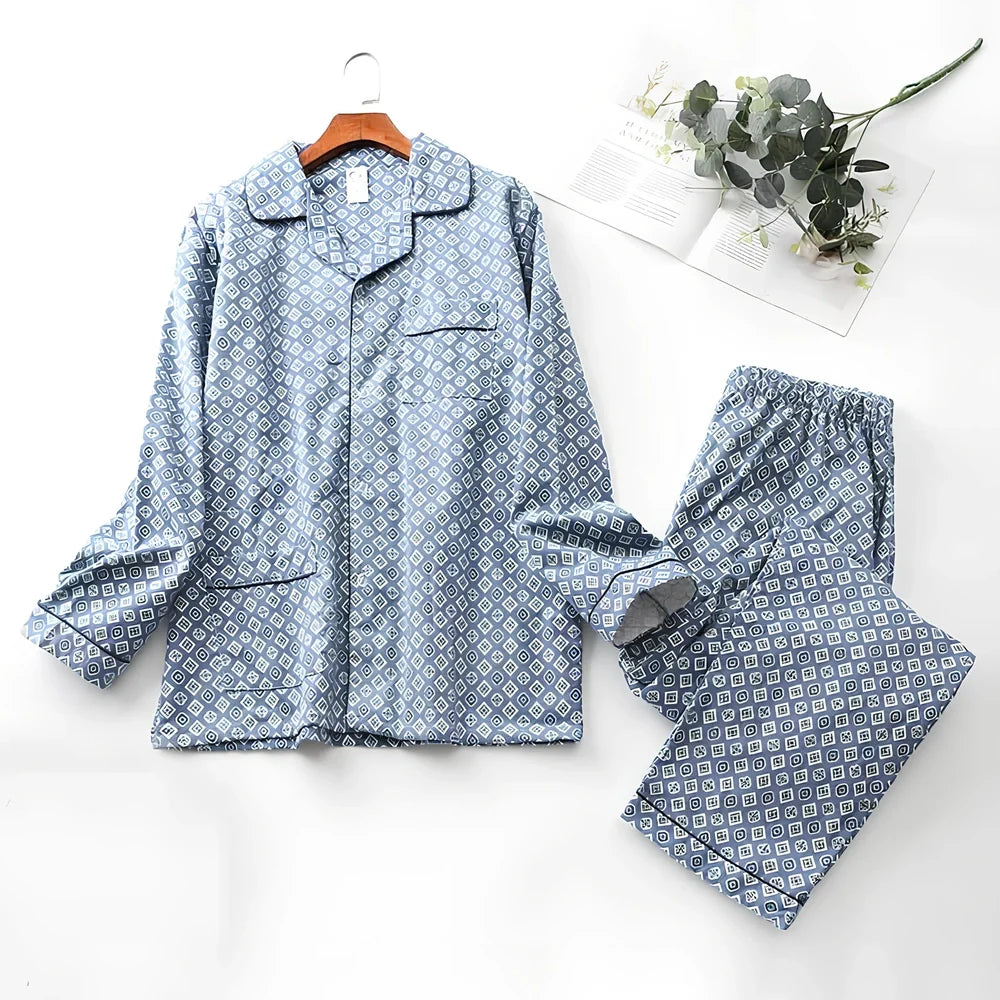 Men's brushed cotton long-sleeved lapel pajama set in blue grid pattern, size M with 72 cm top and 100 cm trousers
