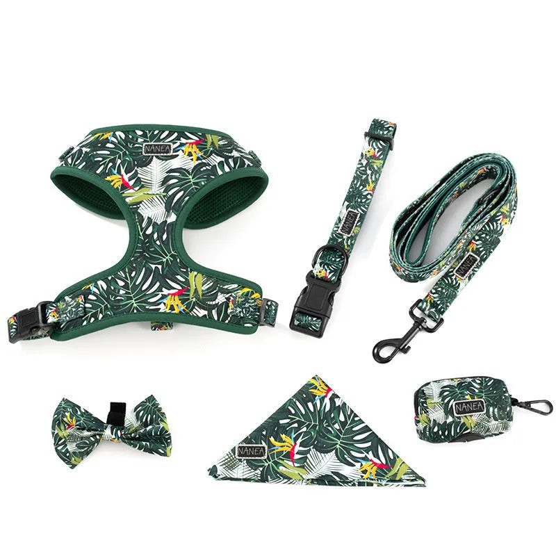 Adjustable cloth pet harness set with leash, collar, waste bag, bow tie, and scarf in six coordinated pieces