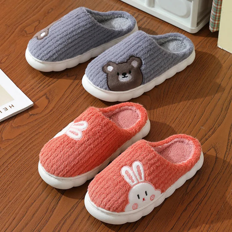 Cute rabbit striped slippers for women, thick PVC sole, plush upper, warm indoor non-slip home footwear