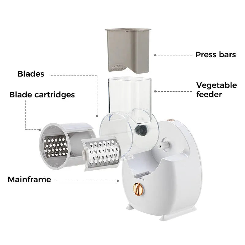 White electric vegetable slicer with rotary grater, feeding port, and three cutting blade pairs on kitchen counter