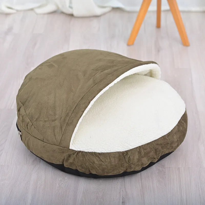 Brown removable cloth dog kennel, size M, shown as an indoor pet bed.