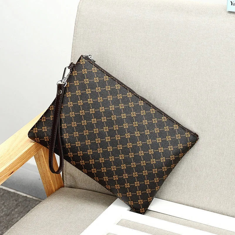 Men's clutch bag in gingham check pattern with soft PU leather, horizontal square shape, and shoulder strap