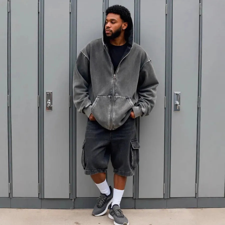 European and American men's loose hoodie pullover set with hood, long sleeves, and matching pants in a casual style