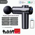 Konka grey mini electric massage gun with six different coloured massage heads on a table.