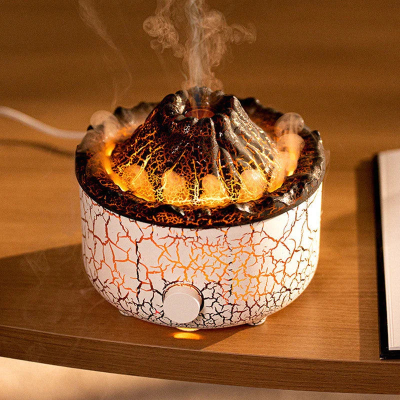 Volcano-inspired essential oil diffuser with realistic mist and LED flame-like light effects, providing a calming and mesmerizing ambiance for your home