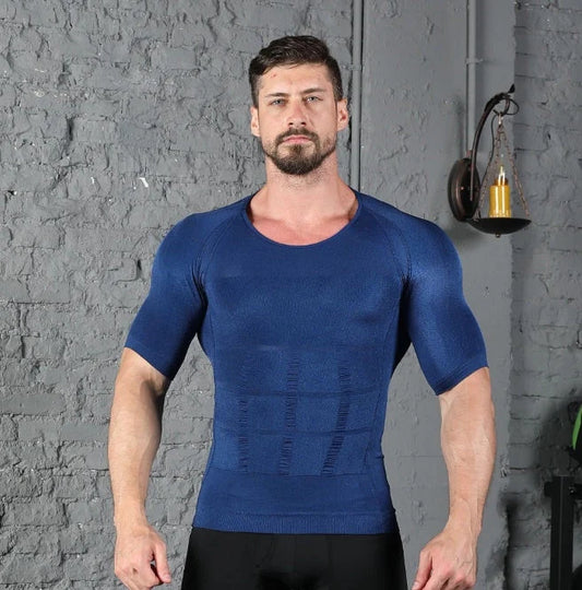 Men's slimming compression t-shirt in blue, black, or white, offering waist protection and support.