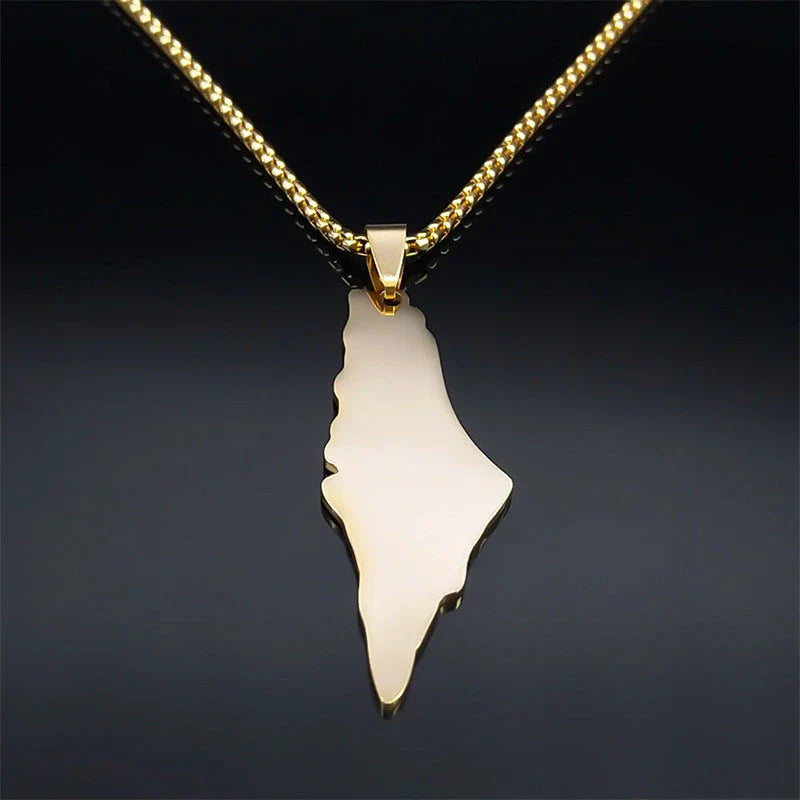 Stainless Steel Palestine Israel Map Pendant Necklace in gold and silver finishes