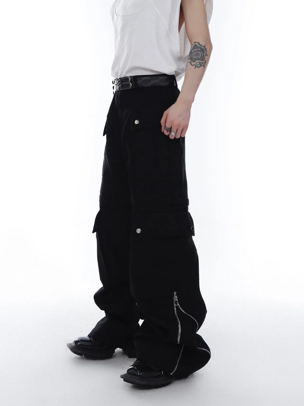 Unisex white wide leg polyester pants with metal decoration, relaxed fit, front view