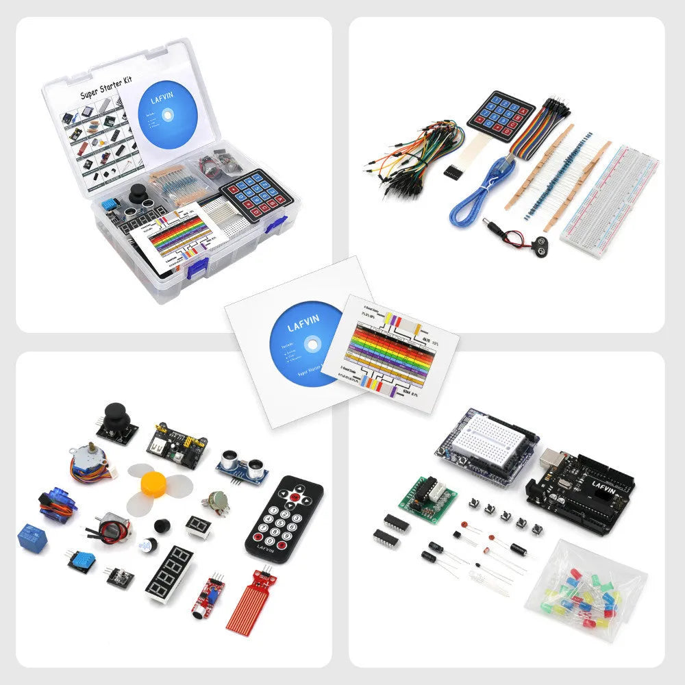 LAFVIN Arduino Super Starter Kit showing blue UNO R3 board, breadboard, sensors, motors, LEDs, and components laid out.
