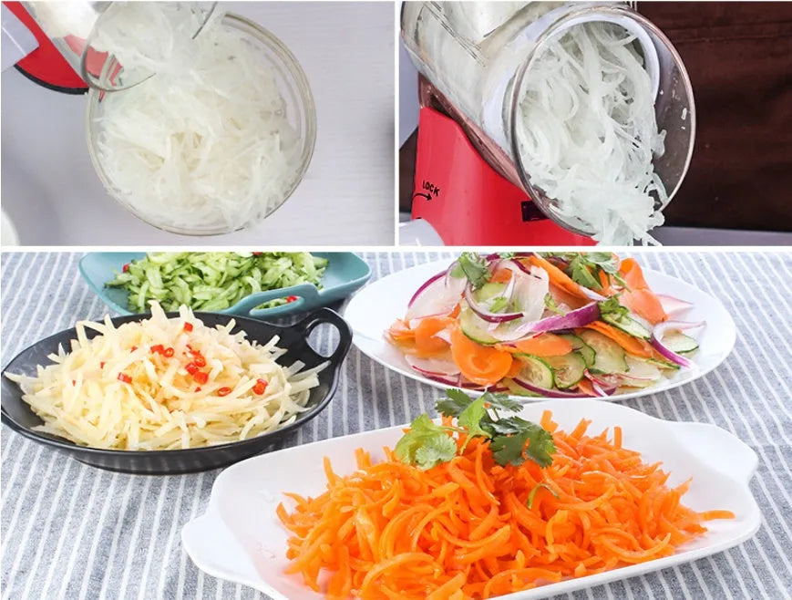 Round manual mandoline slicer with stainless steel blades for cutting potatoes, vegetables, and cheese