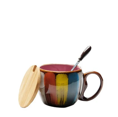 Handmade ceramic cup set with lid and spoon in vibrant colours, 350ml capacity