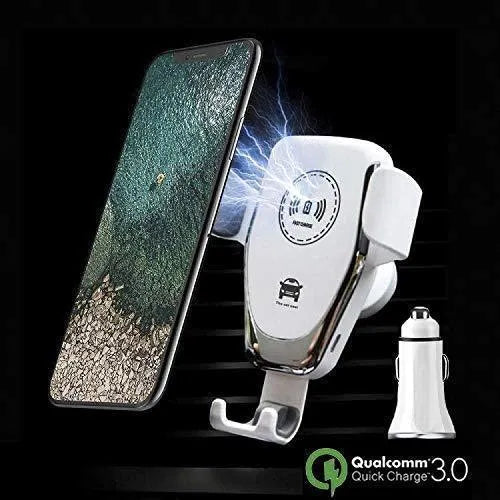Car wireless charging mount with automatic clamp for iPhone, shown in black on a car dashboard.