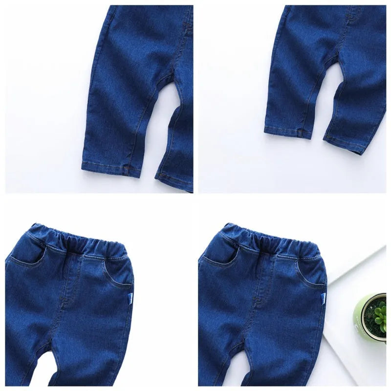 Children's casual straight jeans in blue, 95% cotton, elastic waistband, Korean style
