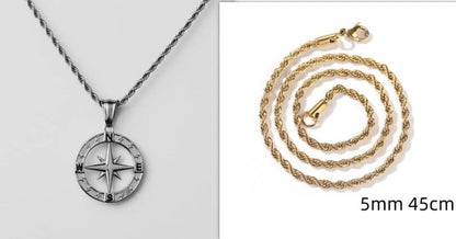 Stainless steel compass circular necklace with electroplated finish in gold and steel options